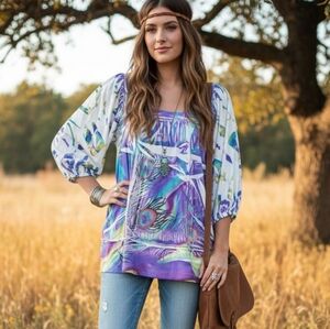 EUC Simply Irresistible Peacock Feather Print Boho Blouse - Large!
